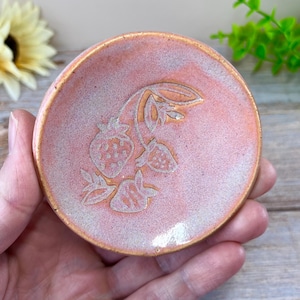 Pink White Strawberry dish, 3 inch texture stamped jewelry tray, boho ring dish, spoon rest, organic stoneware catchall, fruit themed