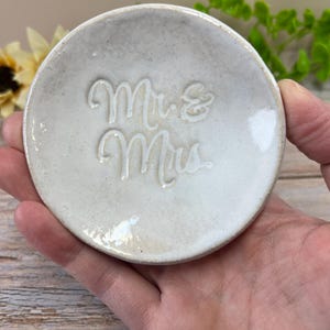 Mr. & Mrs. ring dish, texture stamped ceramic jewelry tray, bridal gift, White ceramic engagement gift, small dish for bride wedding day