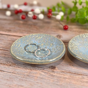 Blue Snowflake pattern ring dish, 3 in. ceramic trinket tray, stoneware textured decor, artisan pottery spoon rest, winter catchall