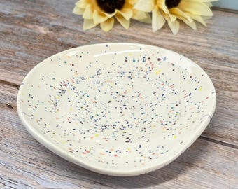 Ceramic spoon rest , White with colorful speckles kitchenware, stoneware housewarming gift, small pottery utensil rest, counter accessory
