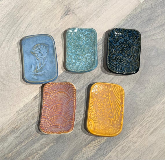 Extra small ring dish, colorful textured stoneware pottery, rectangle Trinket tray , tiny ceramic dish , miniature clay dish