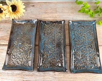 Small Rectangle Blue brown pattern Tray, textured pottery, boho ceramic dish, jewelry tray, stoneware catchall dish, rustic decor