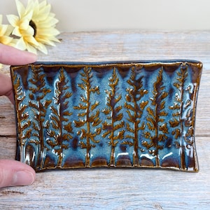 Ceramic Rectangle tree pattern Tray , Teal Blue and Brown textured pottery, stoneware jewelry dish, tea light holder, soap tray