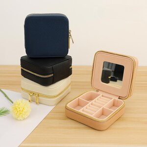 Leren reissieradendoos met spiegel, reiscadeau voor vrouwen, reissieraden organizer, kleine leren sieradendoos, reishorlogedoos