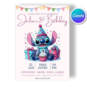 Modèle d'invitation d'anniversaire Stitch | Invitation d'anniversaire de dessin animé modifiable et amusante sur Canva pour fête d'enfants, téléchargement instantané