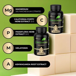 May include: Two black supplement bottles labeled "Stressonorm" with a green leaf logo, and the text "Stress and Sleep Disorders Relief." The bottles are on a white block surface. Ingredient labels include Magnesium, California Poppy, and Ashwaganda.