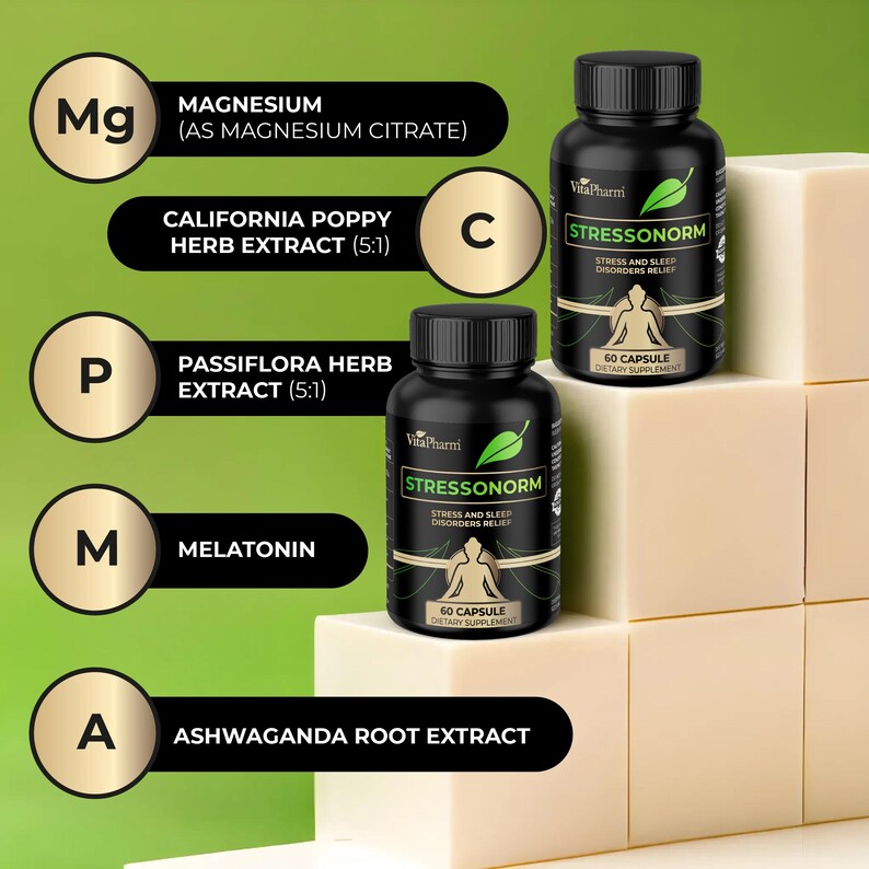 May include: Two black supplement bottles labeled "Stressonorm" with a green leaf logo, and the text "Stress and Sleep Disorders Relief." The bottles are on a white block surface. Ingredient labels include Magnesium, California Poppy, and Ashwaganda.