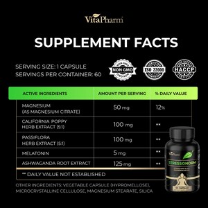 May include: Black supplement facts label with white text, including active ingredients and amounts per serving. A bottle of "Stressonorm" capsules is on the right. The label includes "Non GMO" and "ISO 22000 Certified" seals.
