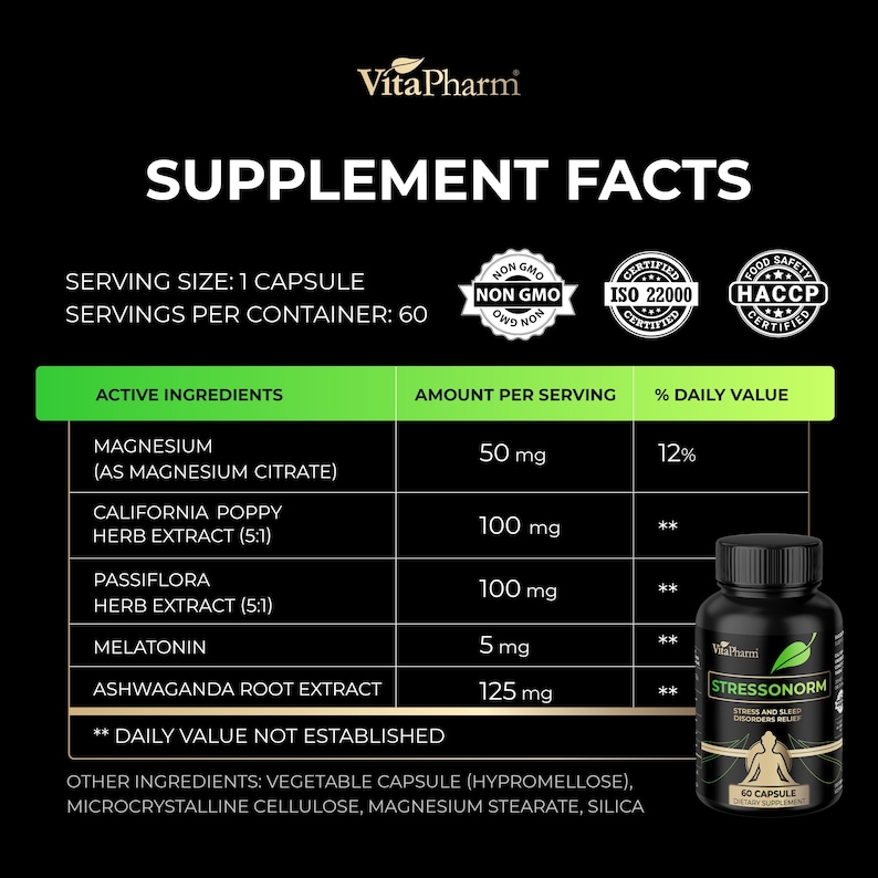May include: Black supplement facts label with white text, including active ingredients and amounts per serving. A bottle of "Stressonorm" capsules is on the right. The label includes "Non GMO" and "ISO 22000 Certified" seals.