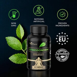 May include: A black bottle of "Stressonorm" dietary supplement with a green leaf and text. The label indicates "Stress and Sleep Disorders Relief" and "60 Capsule Dietary Supplement." The image includes icons for "Non GMO," "Nothing Artificial," and "Proven Ingredients."