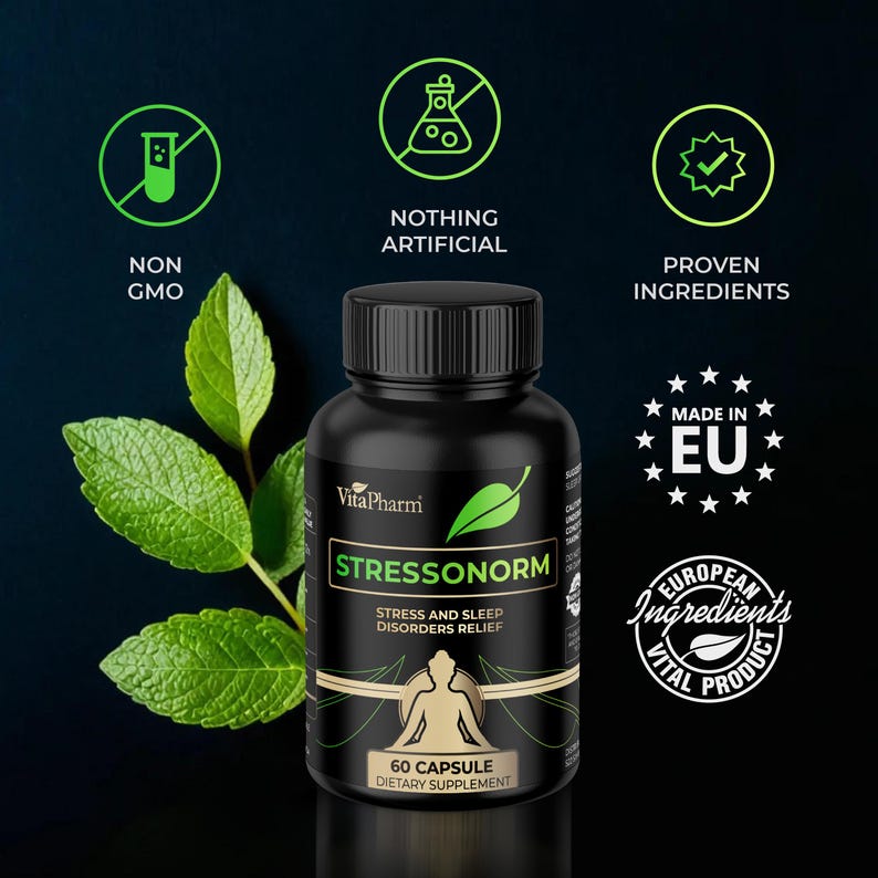 May include: A black bottle of "Stressonorm" dietary supplement with a green leaf and text. The label indicates "Stress and Sleep Disorders Relief" and "60 Capsule Dietary Supplement." The image includes icons for "Non GMO," "Nothing Artificial," and "Proven Ingredients."