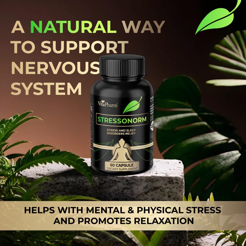 May include: A black bottle of "Stressonorm" dietary supplement with a green leaf logo. The label reads "Stress and Sleep Disorders Relief" and "60 Capsule". Text on the image states "A Natural Way to Support Nervous System" and "Helps with Mental & Physical Stress and Promotes Relaxation."