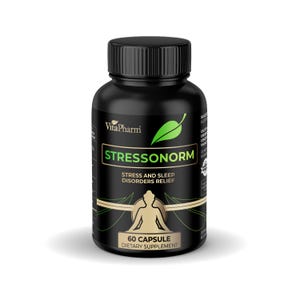 May include: A black bottle of VitaPharm Stressonorm capsules. The label features the text "Stress and Sleep Disorders Relief" and "60 Capsule Dietary Supplement." A green leaf and a stylized human figure are also on the label.
