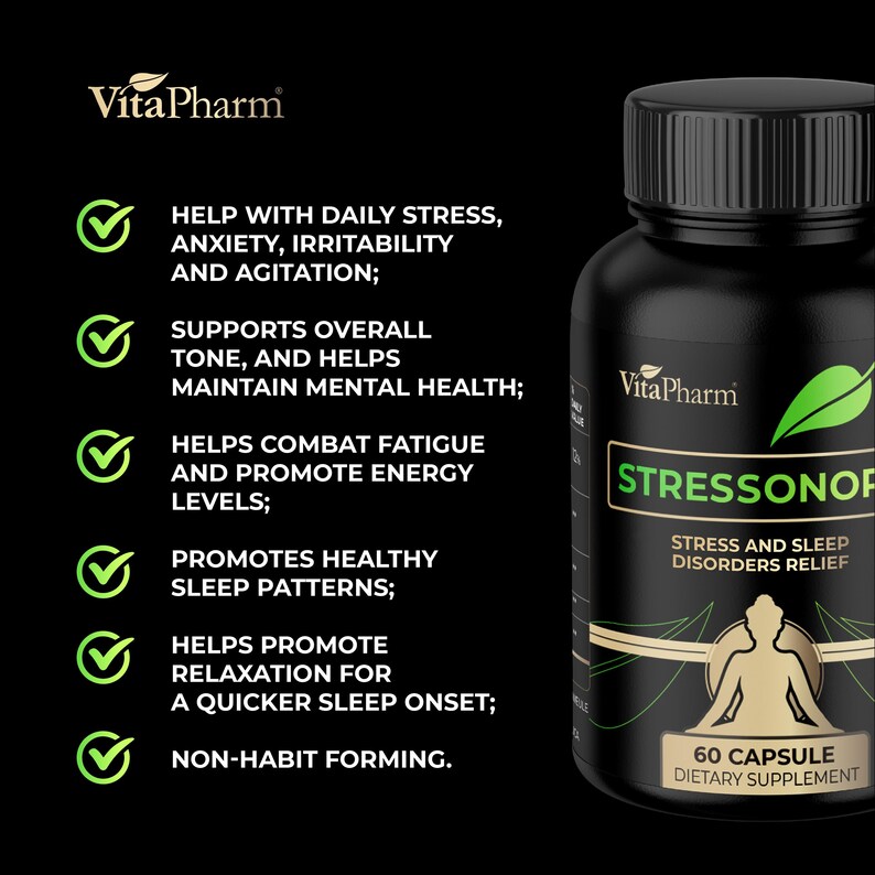 May include: A black bottle of Vita Pharm Stressonor dietary supplement. The label includes the text "Stress and Sleep Disorders Relief" and "60 Capsule Dietary Supplement." The bottle is displayed with a list of benefits, including stress and anxiety relief.