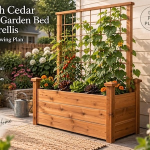May include: A 122 cm cedar raised garden bed with a vertical trellis. The structure is made of natural wood planks and features a grid-style trellis for climbing plants. Text on the image includes 48 Inch Cedar Raised Garden Bed with Trellis, DIY PDF Plans, Detailed Plans, Cut List & Material List, 3D Diagrams, Instant Download, Plant Grow Harvest Repeat, and Grow More at Home.