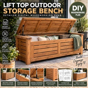 May include: A digital woodworking plan for a lift top outdoor storage bench. The bench is made of brown wood with horizontal slats and a hinged lid supported by metal pistons. It contains cushions and a throw blanket inside the storage area.