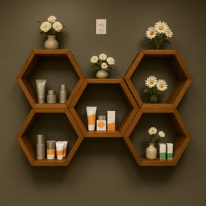Könnte beinhalten: Hölzerne sechseckige Regale mit Hautpflegeprodukten und kleinen Vasen mit weißen Blumen. Die Regale sind an einer dunkelgrünen Wand befestigt. Die Hautpflegeprodukte befinden sich in silbernen und weißen Tuben und Flaschen.
