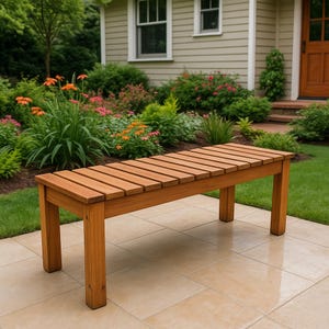 May include: A wooden outdoor bench with a slatted seat and four sturdy legs. The bench is made of reddish-brown wood and is placed on a tiled patio in a garden setting. The bench measures approximately 60 inches in length.