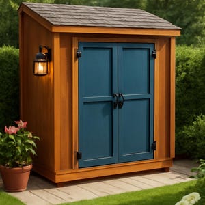 May include: A wooden garden shed with a brown shingled roof and teal blue double doors. The shed has a warm wood tone and a black lantern on the side. A potted plant sits nearby on a wooden deck.