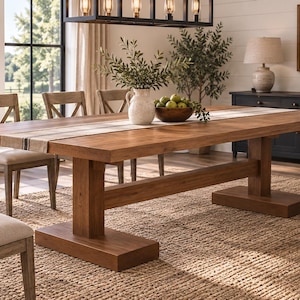 Peut inclure: Une table à manger rectangulaire en bois avec une base à tréteaux, dotée d'une finition brun clair. La table est décorée d'un chemin de table rayé, d'un pichet en céramique blanche avec des branches vertes et d'un bol en bois rempli de poires.