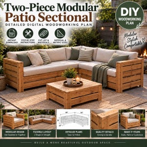 May include: A digital woodworking plan for a two-piece modular patio sectional. The image displays a wooden L-shaped sofa with beige cushions, throw pillows, and a matching square coffee table, including diagrams with 84-inch dimensions.