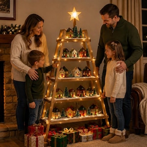 May include: A wooden A-frame display shelf shaped like a Christmas tree, featuring five tiers decorated with miniature illuminated houses and small evergreen trees. A glowing star topper sits at the peak, and the shelves are wrapped in string lights.