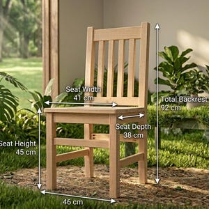 Può includere: Una sedia in legno di colore chiaro con schienale a doghe. Le dimensioni indicate sono: larghezza seduta 41 cm, profondità seduta 38 cm, altezza seduta 45 cm, altezza totale schienale 92 cm e larghezza totale 46 cm.