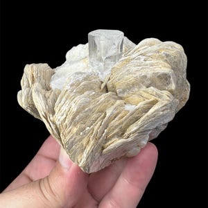 May include: A clear, prismatic crystal formation, possibly a mineral specimen, is set against a backdrop of layered, beige-coloured rock. The crystal is held in a hand against a black background. The crystal is the focal point.