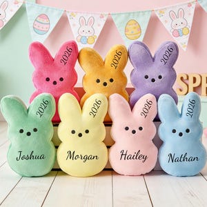 Peluche de conejito Peep Bunny personalizado, conejo de Pascua con nombre personalizado, relleno para cesta de Pascua, regalo de Pascua para niños