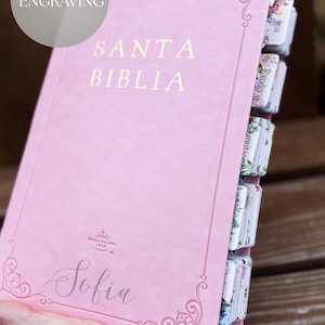 Różowa, hiszpańska Biblia w skórzanej oprawie, prezent chrześcijański, spersonalizowana okładka z grawerowanym Pismem Świętym, spersonalizowany tekst, prezent na chrzest w Santa Biblia