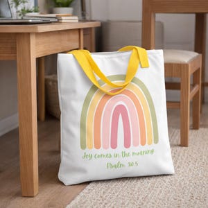 Sac fourre-tout chrétien cadeau pour professeur d'étude de la Bible école du dimanche fourre-tout fermeture bohème sac arc-en-ciel écriture joie matin verset des psaumes église femme grand