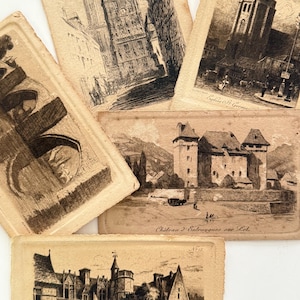 5 cartões postais antigos franceses, itens colecionáveis, pacote de itens efêmeros, diário de sucata