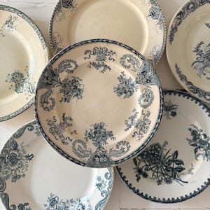 6 Handpicked French Antique Faience Plates, Terre de Fer, Transferware.
