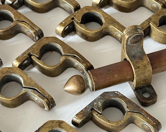 Pair French Antique Brass Rod / Stair Rod Brackets, Clips, Fixing Loops