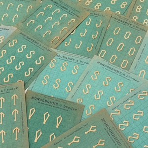 Op de afbeelding: Een verzameling vintage monogramkaarten met verschillende geborduurde letters in crème. De kaarten hebben een turquoise achtergrond met een rasterpatroon en Franse tekst. De kaarten zijn van La Broderie Simplifiée, Parijs.