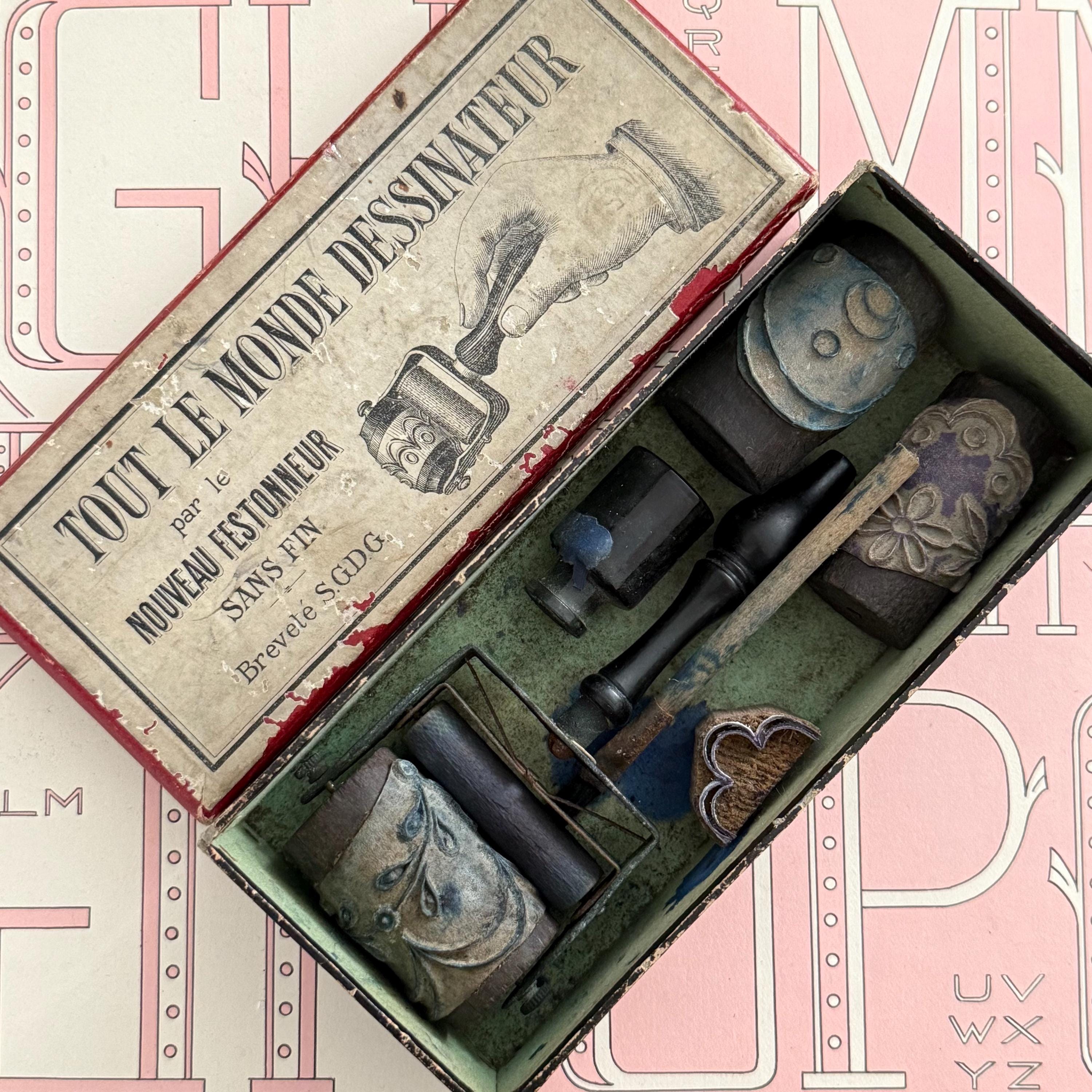 XL French Antique Festonneur,  Embroidery Roller Stamp Box