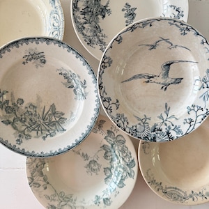 6 Handpicked French Antique Faience Soup Plates, Assietes Creuses, Terre de Fer, Transferware