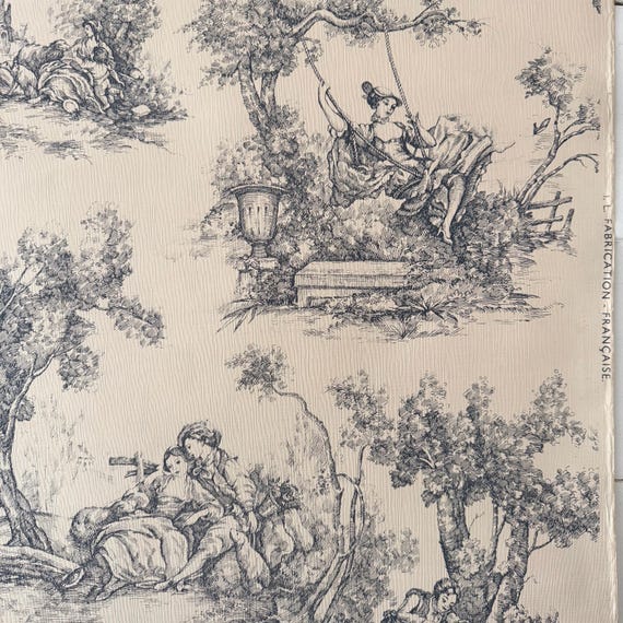French Antique Toile de Jouy Wallpaper - I.L. Fabrication Française – Blue on Ivory, Pastoral Scene