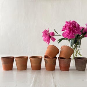 Op de afbeelding: Een verzameling kleine bloempotten in terracotta kleur, geplaatst op een wit oppervlak. De potten variëren in grootte en textuur. Helderroze pioenrozen in een glazen vaas zorgen voor een kleurrijk contrast.