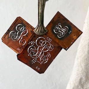 Set of 3 &#39;GR&#39; French Antique Copper Embroidery Stencils,  Monograms