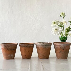Può includere: Quattro vasi di fiori in terracotta usurati in fila, ognuno con una forma e dimensioni leggermente diverse. I vasi hanno un aspetto rustico e invecchiato con texture visibili e variazioni di colore. Fiori bianchi in un vaso verde sullo sfondo.