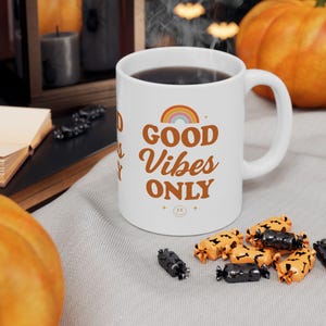Good Vibes Only Ceramic Mug | Retro Rainbow Coffee Cup | Positive Vibes Gift for Friend | Aesthetic Motivational Mug | Boho Drinkware Decor
