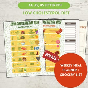 Cholesterol Lowering Food List PDF, Heart Healthy Diet Chart, High Cholesterol Meal Planner, Grocery List, Printable Download