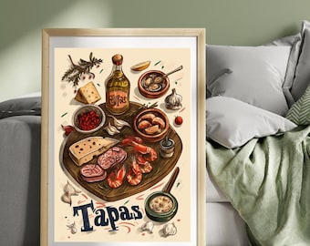 Tapas Poster Spain Travel Poster Spain Food Print Spanish Food Cuisine Art Illustration