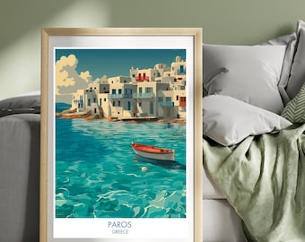 Paros Greece Travel Poster Print Cyclades Greek Wall Art Parikia Poster Aegean Sea Print Landscape Art Illustration Print
