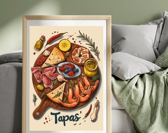 Tapas Poster Spain Travel Poster Spain Food Print Spanish Food Cuisine Art Illustration