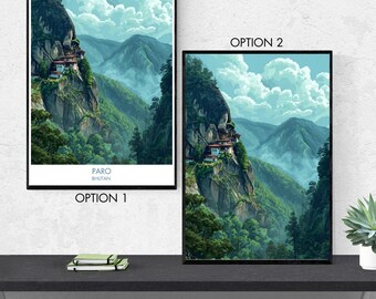 Paro Bhutan Poster, Himalayan Wall Art, Paro Valley Landscape Print, Bhutan Travel Decor, Taktsang Palphug, Tiger’s Nest