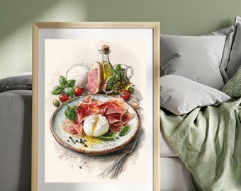 Antipasti Poster, Burrata Prosciutto & Olives, Italian Food Wall Art, Mediterranean Kitchen Decor, Italian Cuisine Artwork
