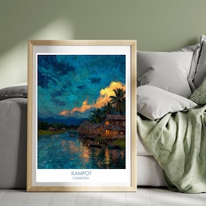 Kampot Cambodia Travel Poster River Palm Trees Arcadia Poster Landscape Wall Art Illustration Kampot Print