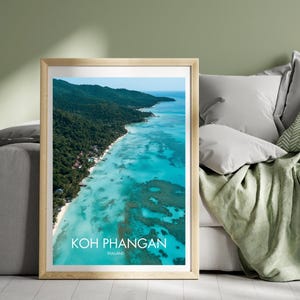 Koh Phangan Beach Thailand Travel Poster Aerial Crystal Clear Ocean Water Landscape Wall Art Illustration Print